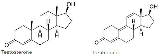 Testosterone molecule and trenbolone molecule